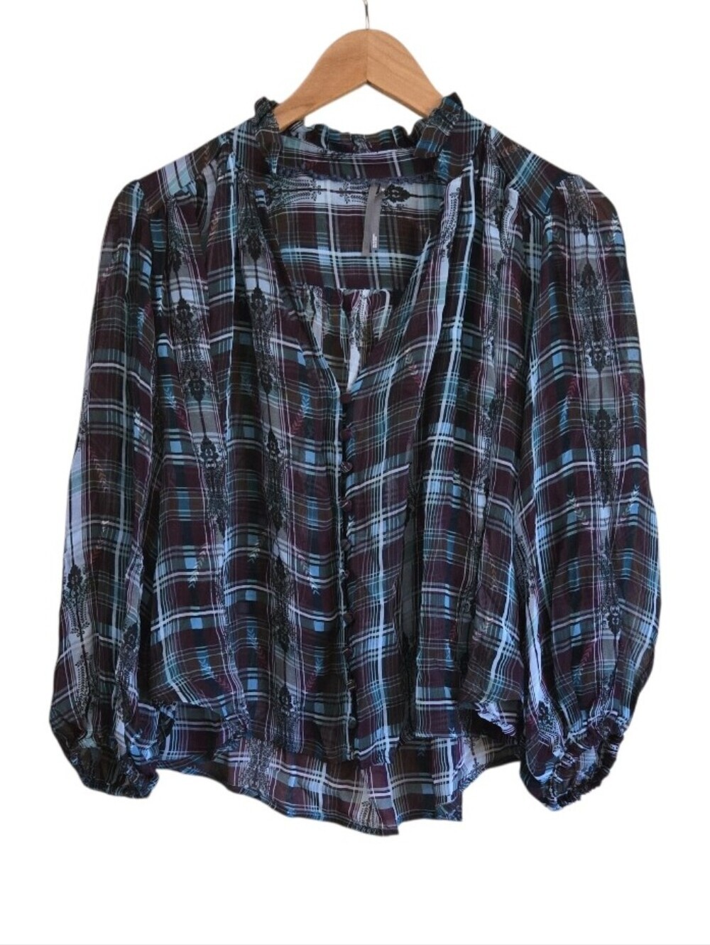 Anthropologie Estela Sheer Plaid Peasant Blouse